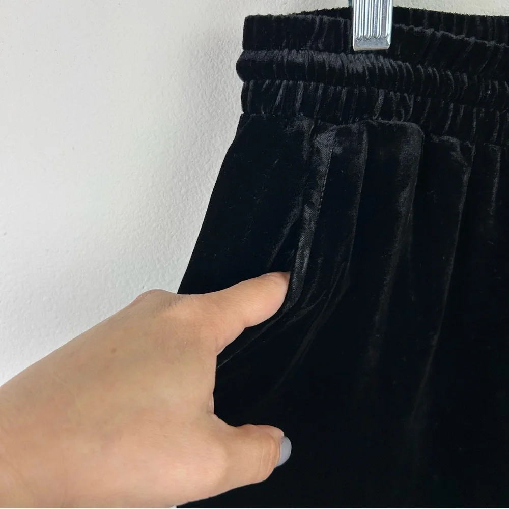 Garnet Hill Black wide-leg velvet velour pants rayon/silk blend pull on pants - Picture 4 of 9